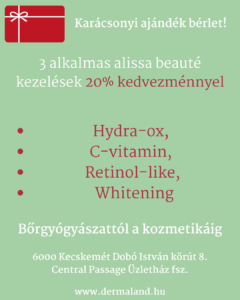 Dermaland Karácsonyi ajándék bérlet: 3 alkalmas bérletben, minden kezelés 20% kedvezménnyel a Tied! Választhatók: Hydra-ox, C-vitamin, Retinol-like, Whitening, Kecskemét Dermaland kozmetika, Passage üzletház, máriaváros, hunyadiváros, széchenyiváros